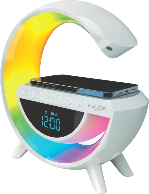 Helios Bluetooth Kablosuz Şarj Standı, Ses Bombası,  FM Radyo ve Masa Lambası