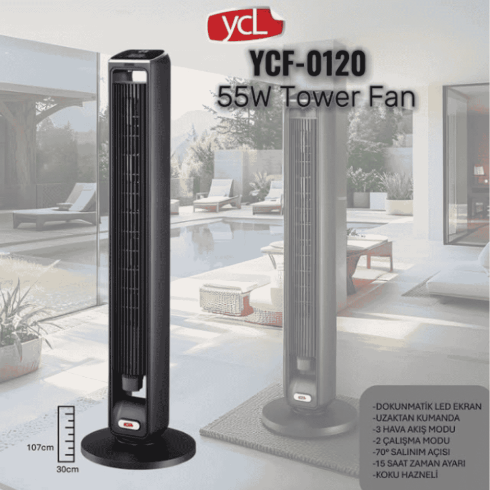 Ycl Ycf 0120 Tower Fan 55W Dijital Ekranlı Kumandalı