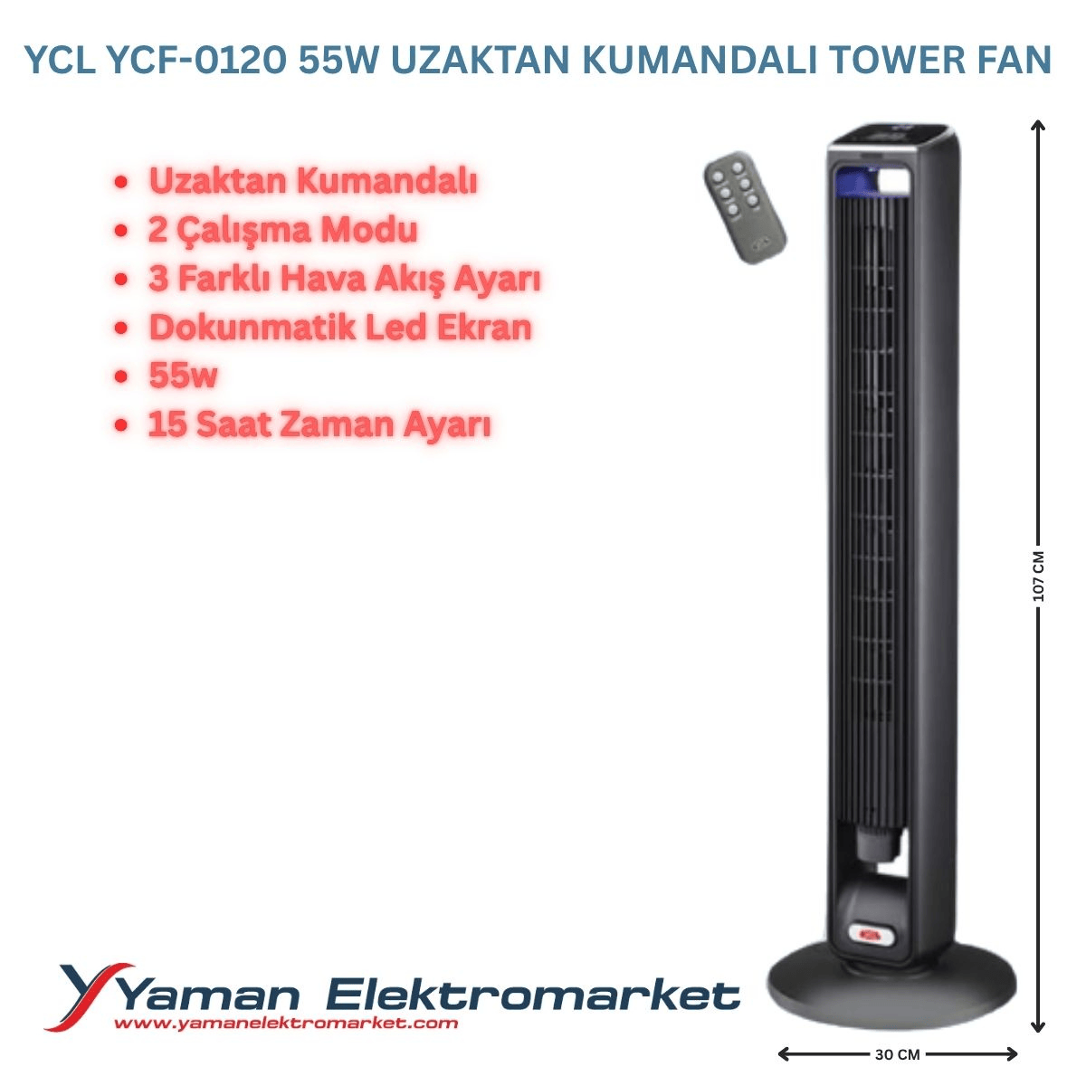 Ycl Ycf 0120 Tower Fan 55W Dijital Ekranlı Kumandalı