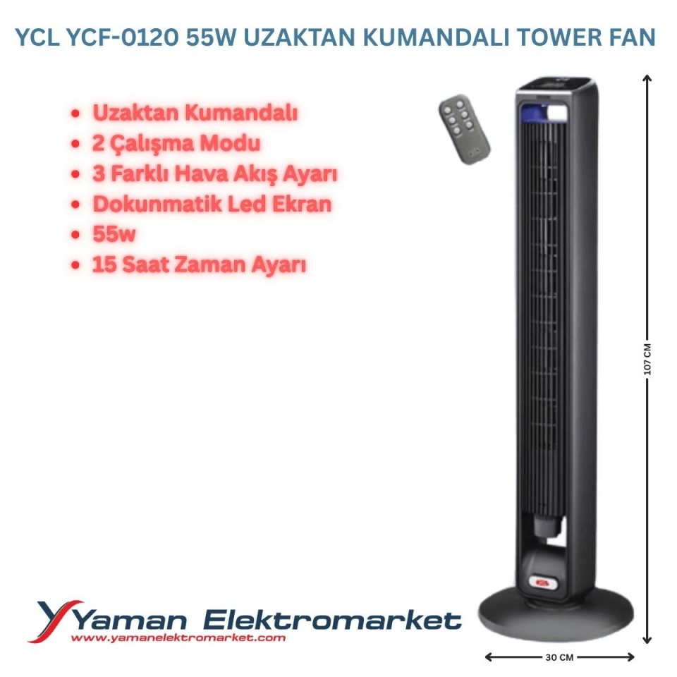 Ycl Ycf 0120 Tower Fan 55W Dijital Ekranlı Kumandalı