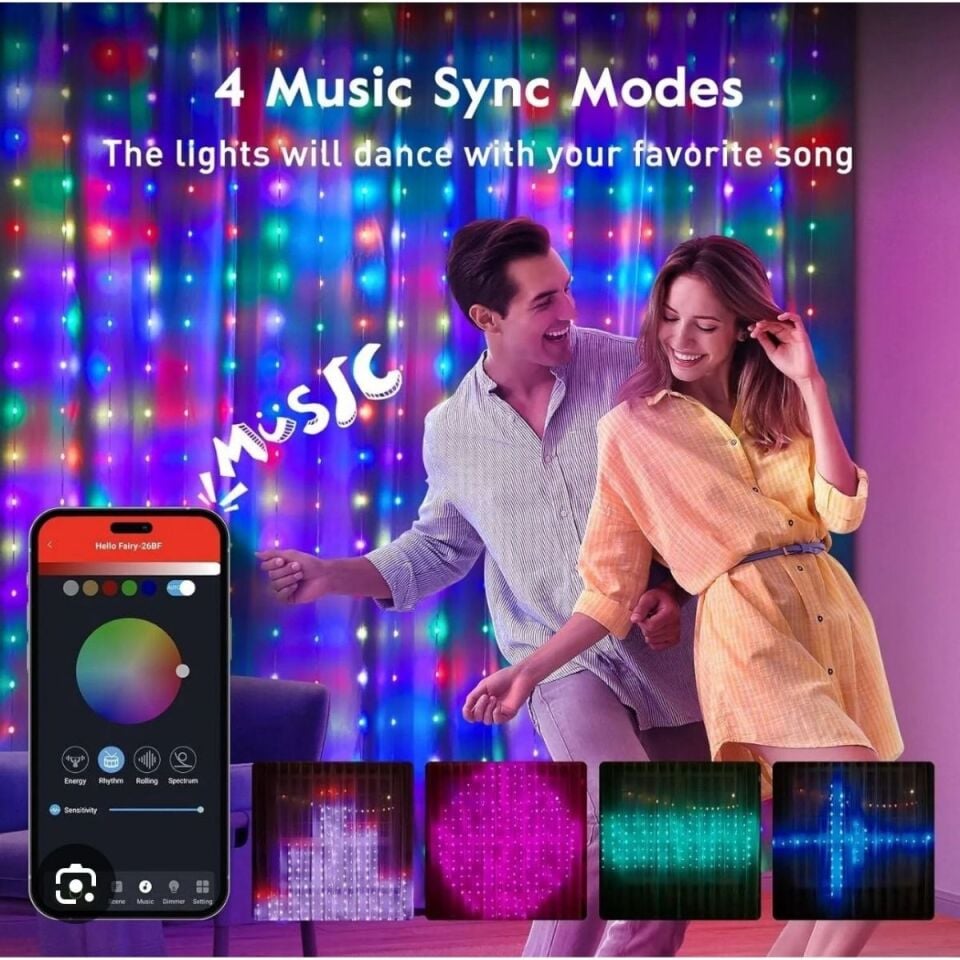 3x3mt Akıllı Perde LED Işık: 400 LED'li, Uygulama Kontrollü Dijital Ekran