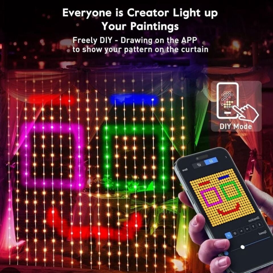3x3mt Akıllı Perde LED Işık: 400 LED'li, Uygulama Kontrollü Dijital Ekran